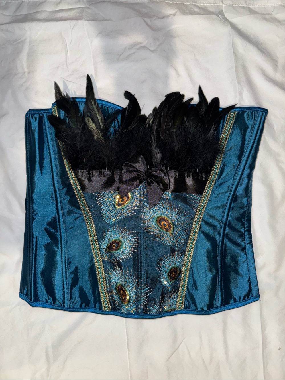 Teal Peacock Feather Bustier Corset with Black Feather Trim